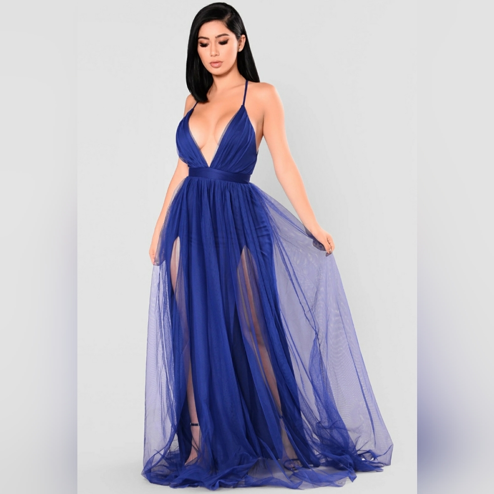 Maxi Dress Tulle V-Neck Cross Back - Royal Blue